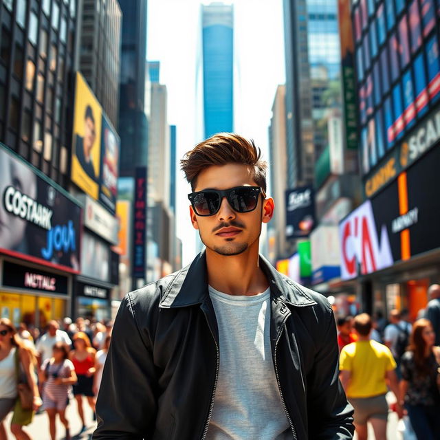 A stylish person wearing black sunglasses, standing confidently on a busy city street filled with skyscrapers and vibrant billboards