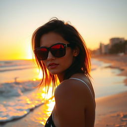 A fashionable individual wearing black sunglasses, posed elegantly on a picturesque beach at sunset