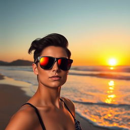 A fashionable individual wearing black sunglasses, posed elegantly on a picturesque beach at sunset