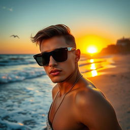 A fashionable individual wearing black sunglasses, posed elegantly on a picturesque beach at sunset