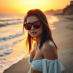 A fashionable individual wearing black sunglasses, posed elegantly on a picturesque beach at sunset
