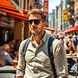 A realistic portrait of a man wearing sleek black sunglasses, standing casually in a bustling outdoor cafe with a lively urban backdrop