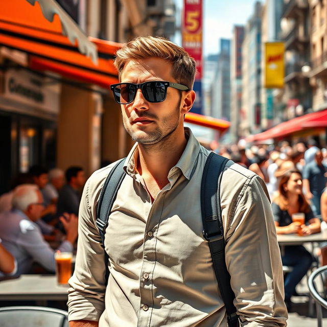A realistic portrait of a man wearing sleek black sunglasses, standing casually in a bustling outdoor cafe with a lively urban backdrop