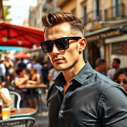 A realistic portrait of a man wearing sleek black sunglasses, standing casually in a bustling outdoor cafe with a lively urban backdrop