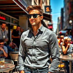 A realistic portrait of a man wearing sleek black sunglasses, standing casually in a bustling outdoor cafe with a lively urban backdrop