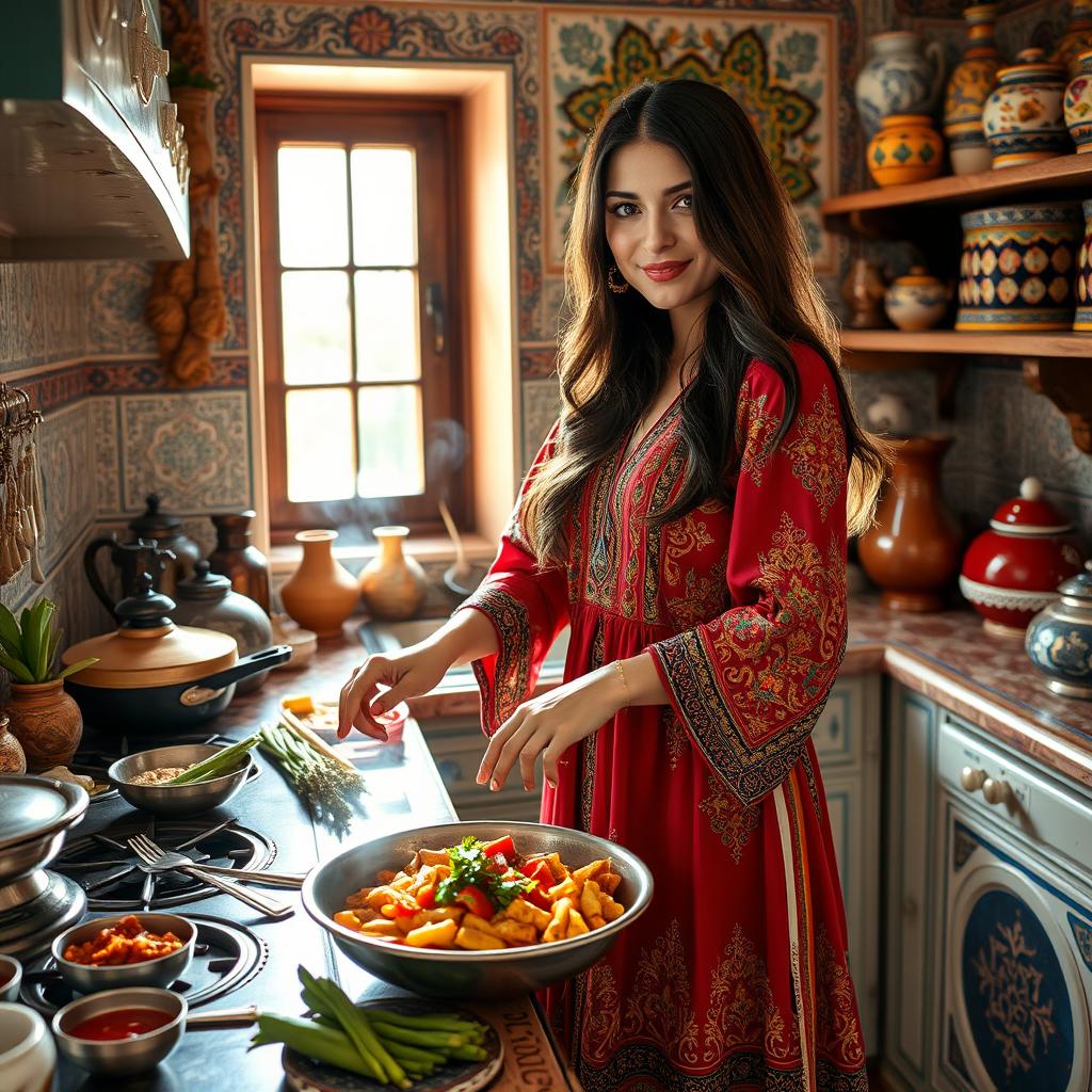 A beautiful Persian woman in traditional attire, gracefully cooking in a vibrant kitchen filled with colorful spices and ingredients