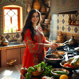 A beautiful Persian woman in traditional attire, gracefully cooking in a vibrant kitchen filled with colorful spices and ingredients