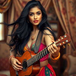 A sensual portrait of a beautiful Indian woman with long, flowing black hair, wearing a traditional yet alluring outfit made of vibrant colors