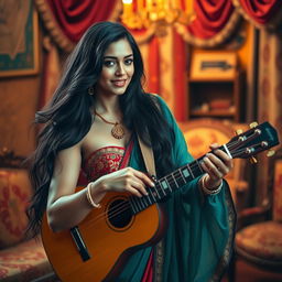 A sensual portrait of a beautiful Indian woman with long, flowing black hair, wearing a traditional yet alluring outfit made of vibrant colors