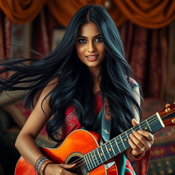 A sensual portrait of a beautiful Indian woman with long, flowing black hair, wearing a traditional yet alluring outfit made of vibrant colors