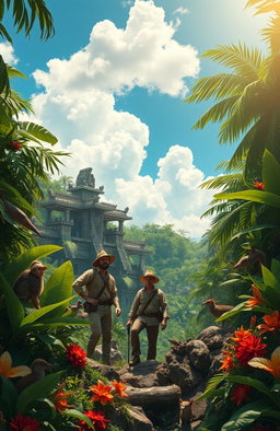 A thrilling historical fiction scene depicting a vibrant 19th-century exploration expedition in the Amazon rainforest