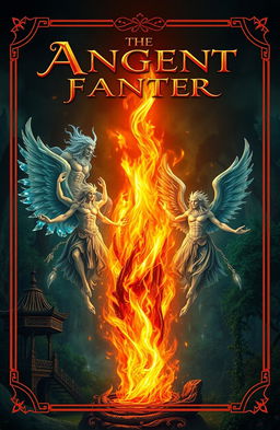 An ancient fantasy book cover featuring a magnificent flame of fire as the central focus