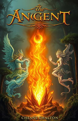 An ancient fantasy book cover featuring a magnificent flame of fire as the central focus