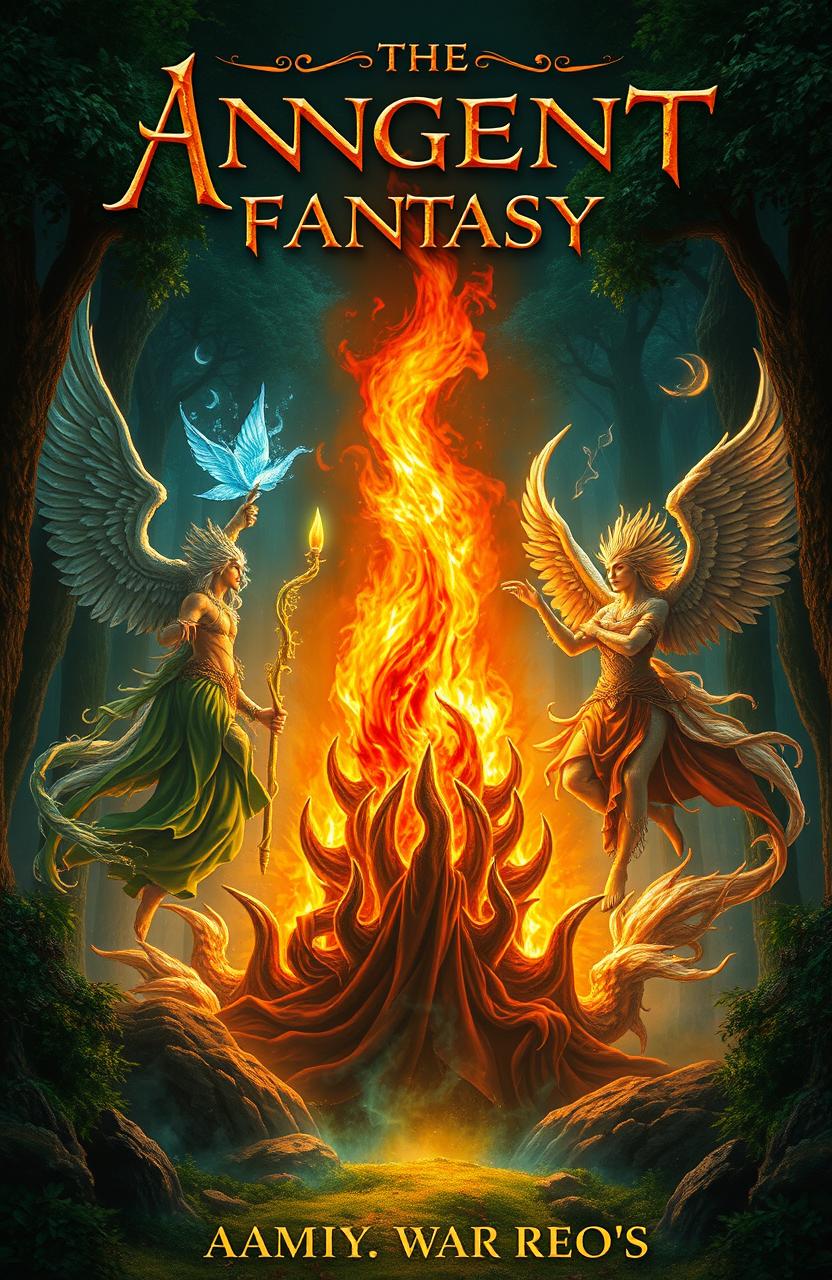An ancient fantasy book cover featuring a magnificent flame of fire as the central focus