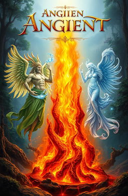 An ancient fantasy book cover featuring a magnificent flame of fire as the central focus