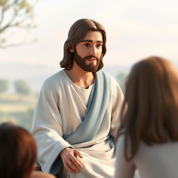 A 3D representation of Jesus Christ sitting in a serene setting, engaged in conversation with an unseen figure
