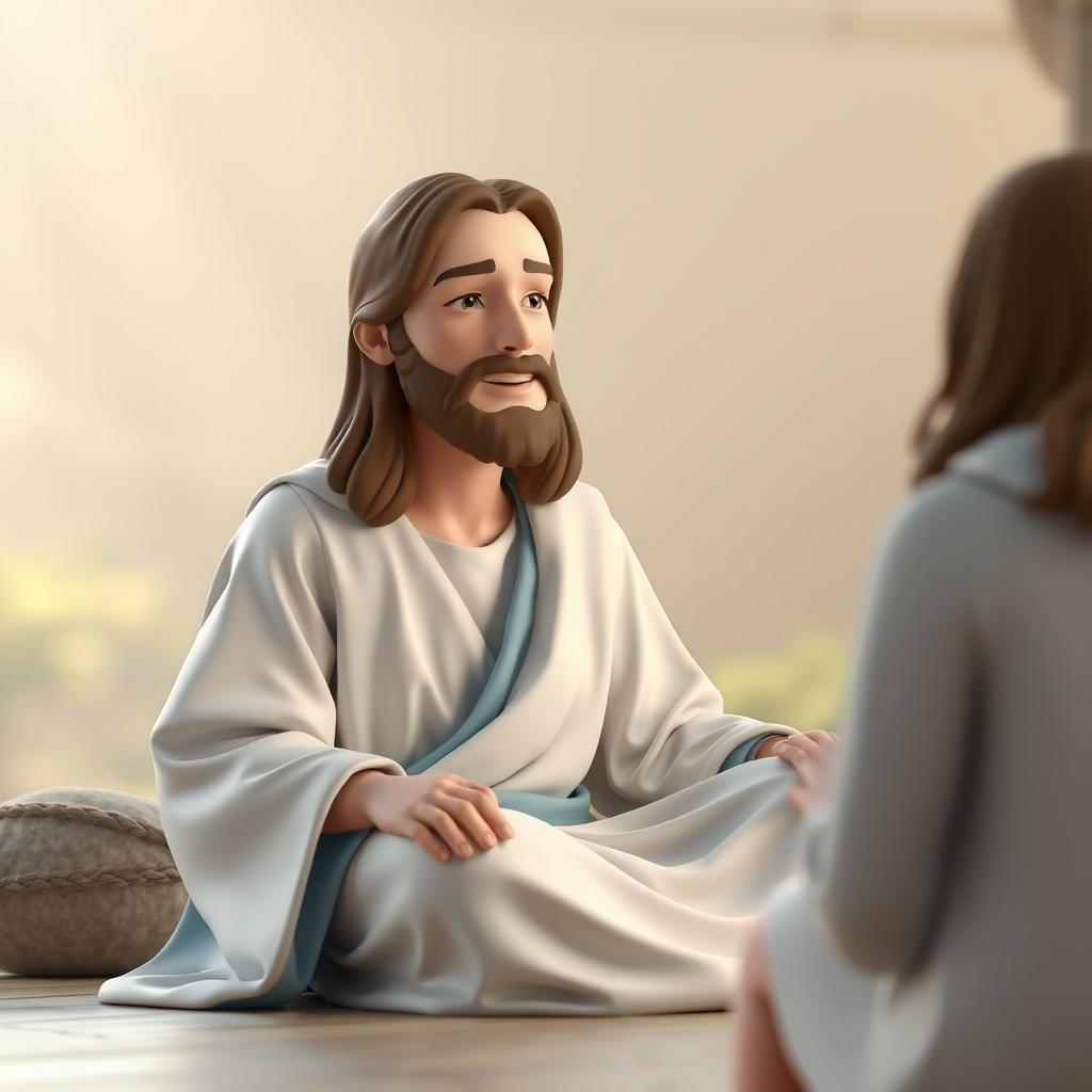 A 3D representation of Jesus Christ sitting in a serene setting, engaged in conversation with an unseen figure