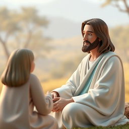 A 3D representation of Jesus Christ sitting in a serene setting, engaged in conversation with an unseen figure