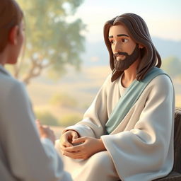 A 3D representation of Jesus Christ sitting in a serene setting, engaged in conversation with an unseen figure