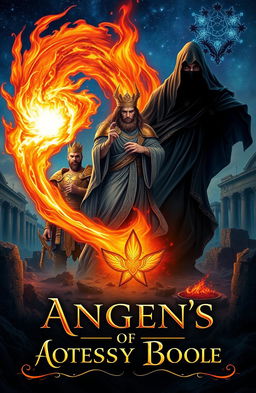 An ancient fantasy book cover featuring a swirling flame in the center which illuminates three god-like figures