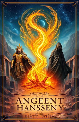 An ancient fantasy book cover featuring a swirling flame in the center which illuminates three god-like figures