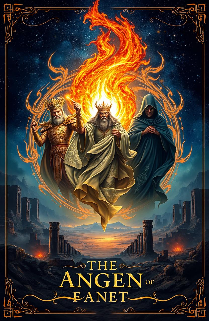 An ancient fantasy book cover featuring a swirling flame in the center which illuminates three god-like figures