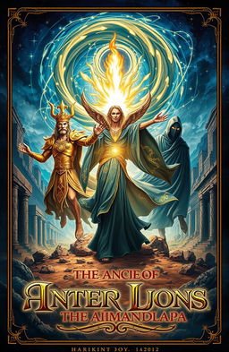 An ancient fantasy book cover featuring a swirling flame in the center which illuminates three god-like figures