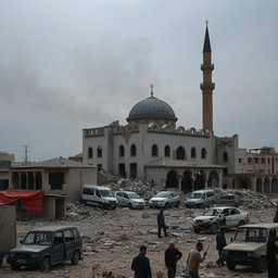 Destruction of a mosque in Gaza, Palestine during the Israel-Hamas conflict, showcasing crumbled walls, shattered minarets, and debris scattered around
