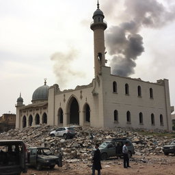 Destruction of a mosque in Gaza, Palestine during the Israel-Hamas conflict, showcasing crumbled walls, shattered minarets, and debris scattered around