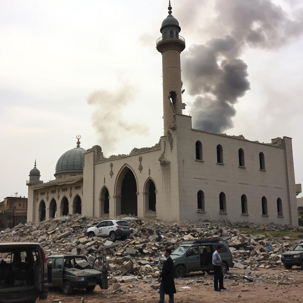 Destruction of a mosque in Gaza, Palestine during the Israel-Hamas conflict, showcasing crumbled walls, shattered minarets, and debris scattered around