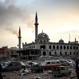 Destruction of a mosque in Gaza, Palestine during the Israel-Hamas conflict, showcasing crumbled walls, shattered minarets, and debris scattered around
