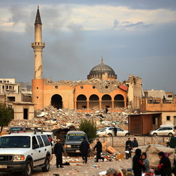Destruction of a mosque in Gaza, Palestine during the Israel-Hamas conflict, showcasing crumbled walls, shattered minarets, and debris scattered around