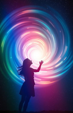 A mesmerizing swirling vortex of bright, colorful light creating a dynamic, ethereal effect against a vast backdrop filled with twinkling stars
