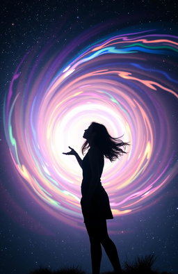A mesmerizing swirling vortex of bright, colorful light creating a dynamic, ethereal effect against a vast backdrop filled with twinkling stars