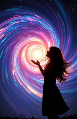 A mesmerizing swirling vortex of bright, colorful light creating a dynamic, ethereal effect against a vast backdrop filled with twinkling stars