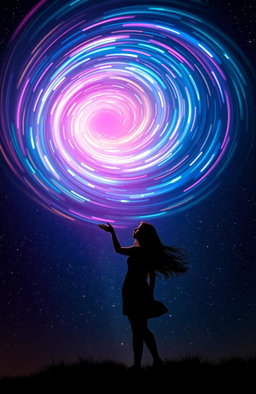 A mesmerizing swirling vortex of bright, colorful light creating a dynamic, ethereal effect against a vast backdrop filled with twinkling stars