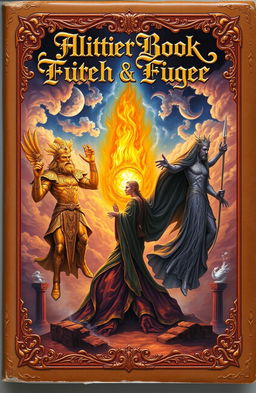 An antique fantasy book cover featuring a vibrant flame in the center, surrounded by three majestic gods