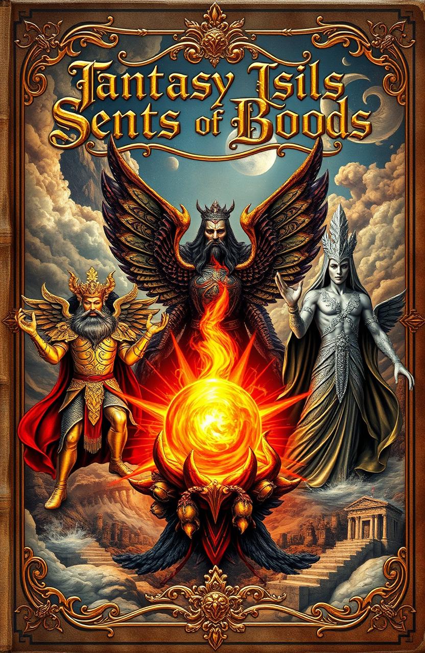 An antique fantasy book cover featuring a vibrant flame in the center, surrounded by three majestic gods