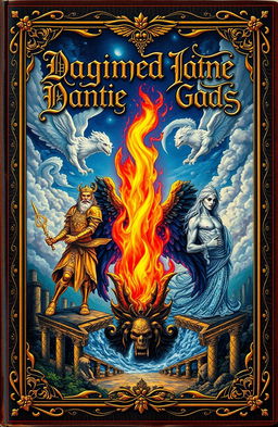 An antique fantasy book cover featuring a vibrant flame in the center, surrounded by three majestic gods