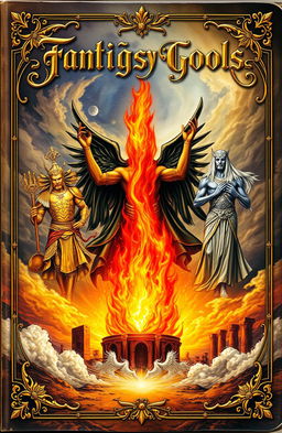 An antique fantasy book cover featuring a vibrant flame in the center, surrounded by three majestic gods