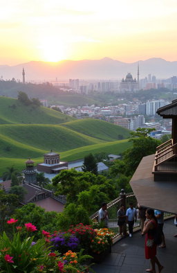 A beautiful scenic view of Bandung, Indonesia, with rolling green hills, vibrant city life, and iconic architecture