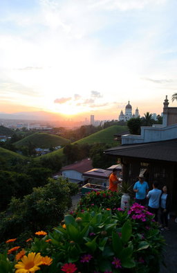 A beautiful scenic view of Bandung, Indonesia, with rolling green hills, vibrant city life, and iconic architecture