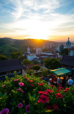 A beautiful scenic view of Bandung, Indonesia, with rolling green hills, vibrant city life, and iconic architecture