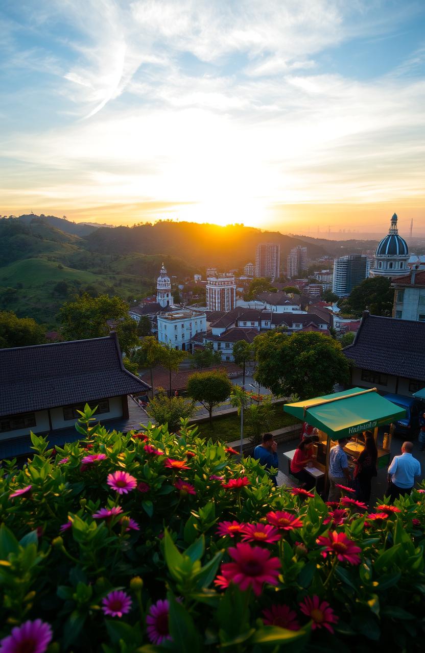 A beautiful scenic view of Bandung, Indonesia, with rolling green hills, vibrant city life, and iconic architecture