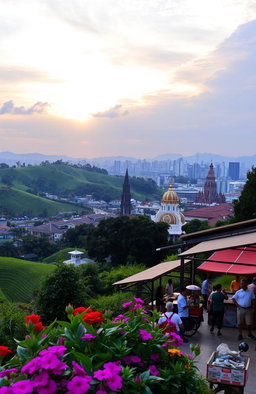 A beautiful scenic view of Bandung, Indonesia, with rolling green hills, vibrant city life, and iconic architecture