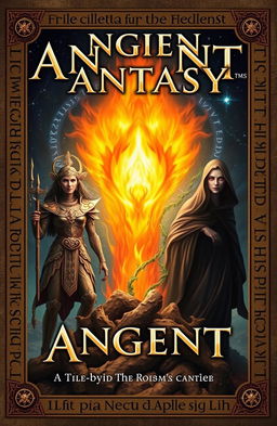 An ancient fantasy book cover featuring a vivid flame in the center, surrounded by three representations of deities or mystical entities