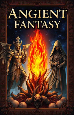 An ancient fantasy book cover featuring a vivid flame in the center, surrounded by three representations of deities or mystical entities