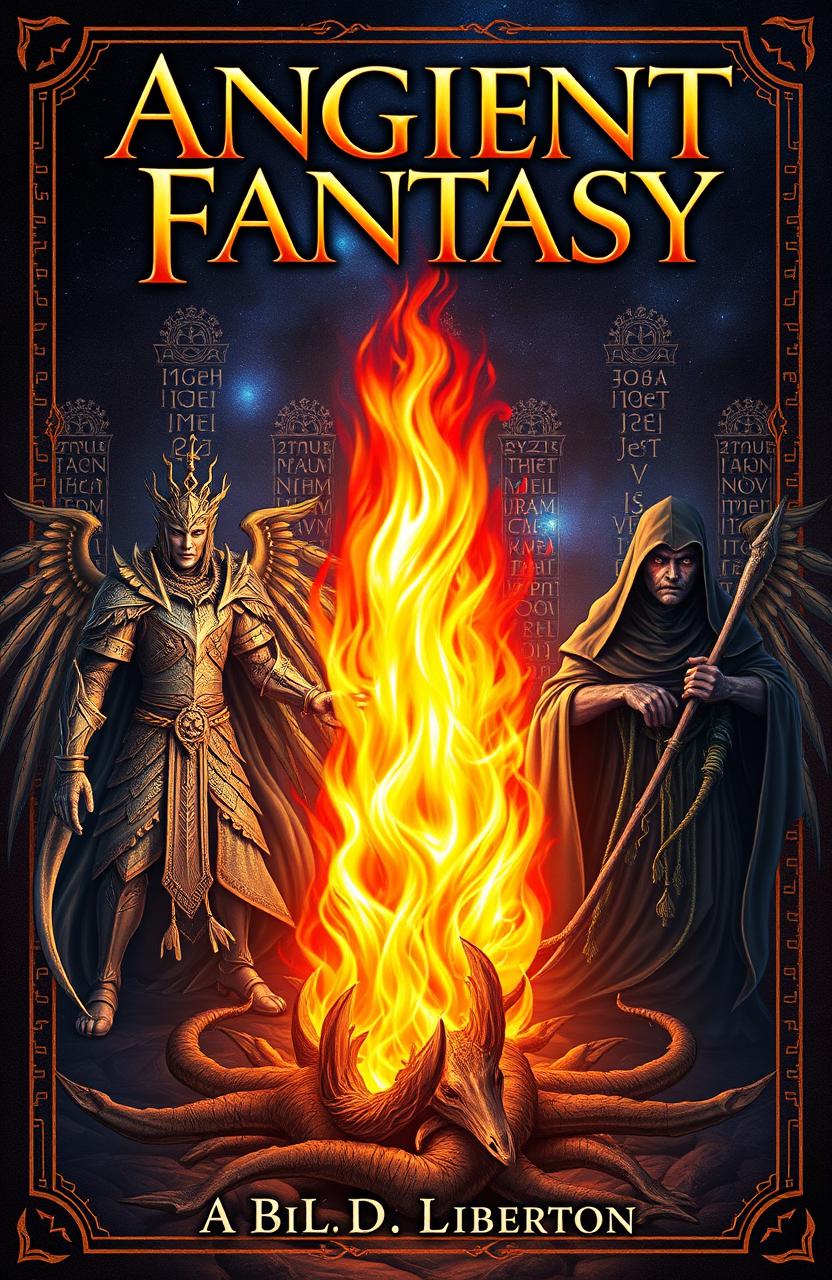 An ancient fantasy book cover featuring a vivid flame in the center, surrounded by three representations of deities or mystical entities