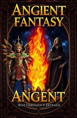 An ancient fantasy book cover featuring a vivid flame in the center, surrounded by three representations of deities or mystical entities