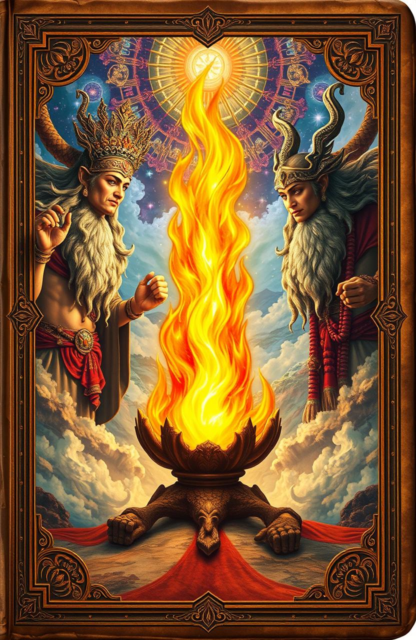 An ancient fantasy book cover featuring a vibrant flame in the center, surrounded by three majestic representations of mythical gods or deities